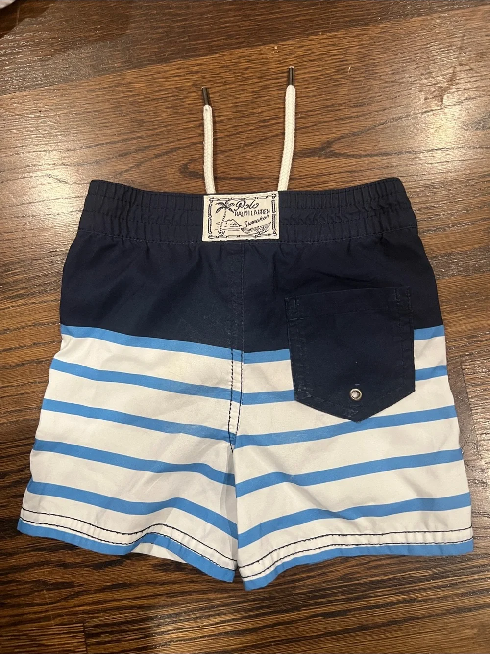 Ralph Lauren Navy & Light Blue Striped Boys Swim Shorts